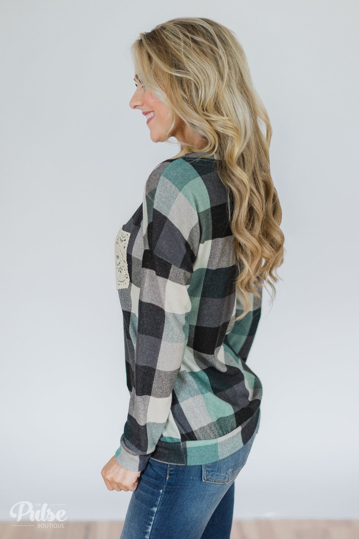 Checkered Pullover Pocket Top- Mint & Navy