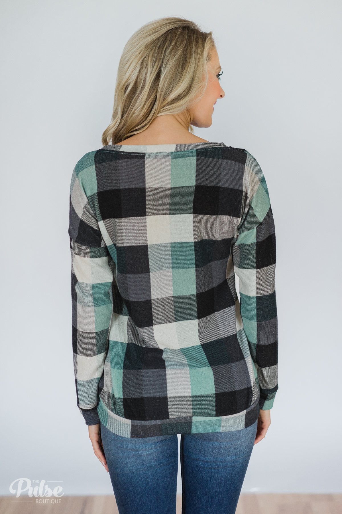 Checkered Pullover Pocket Top- Mint & Navy
