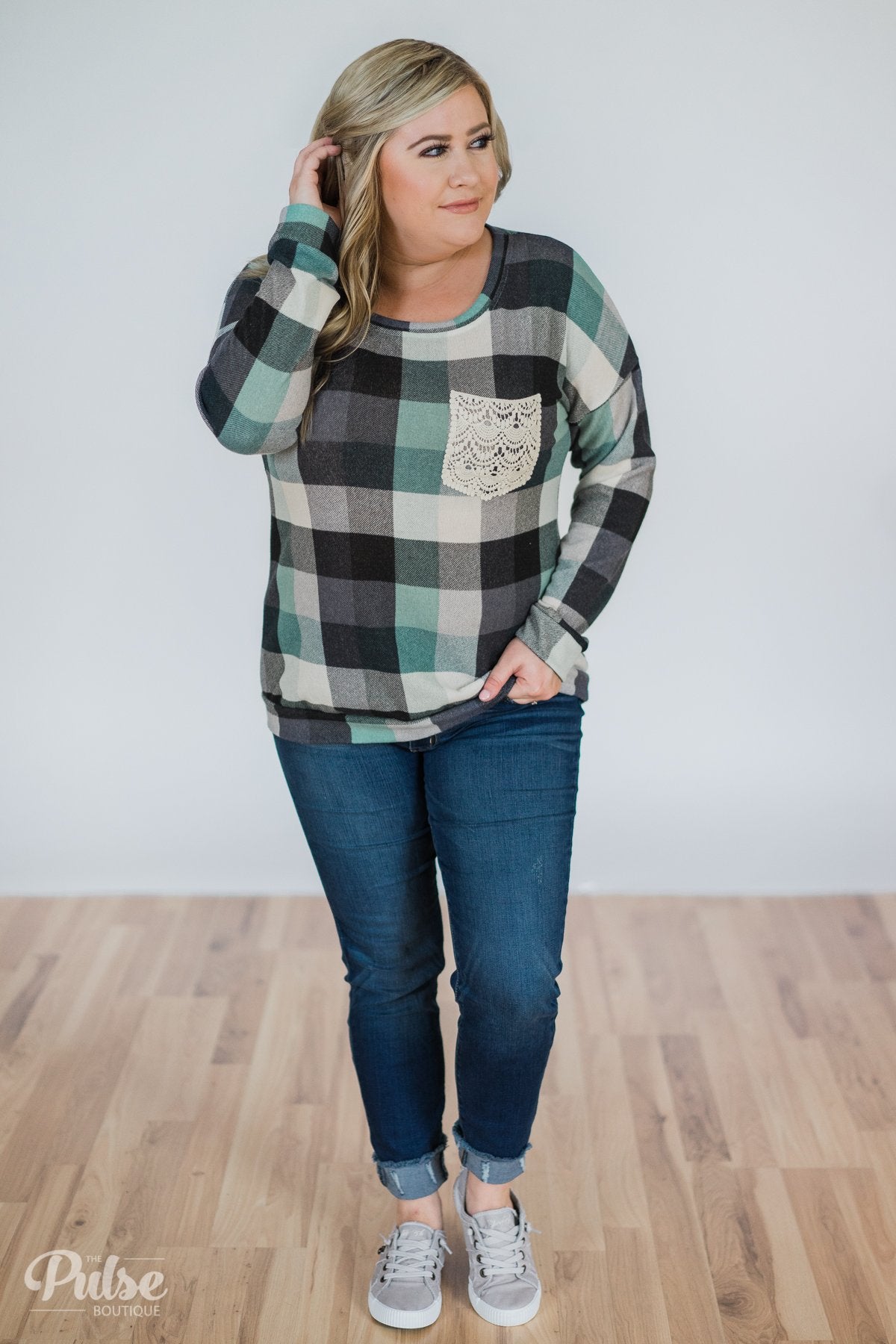 Checkered Pullover Pocket Top- Mint & Navy