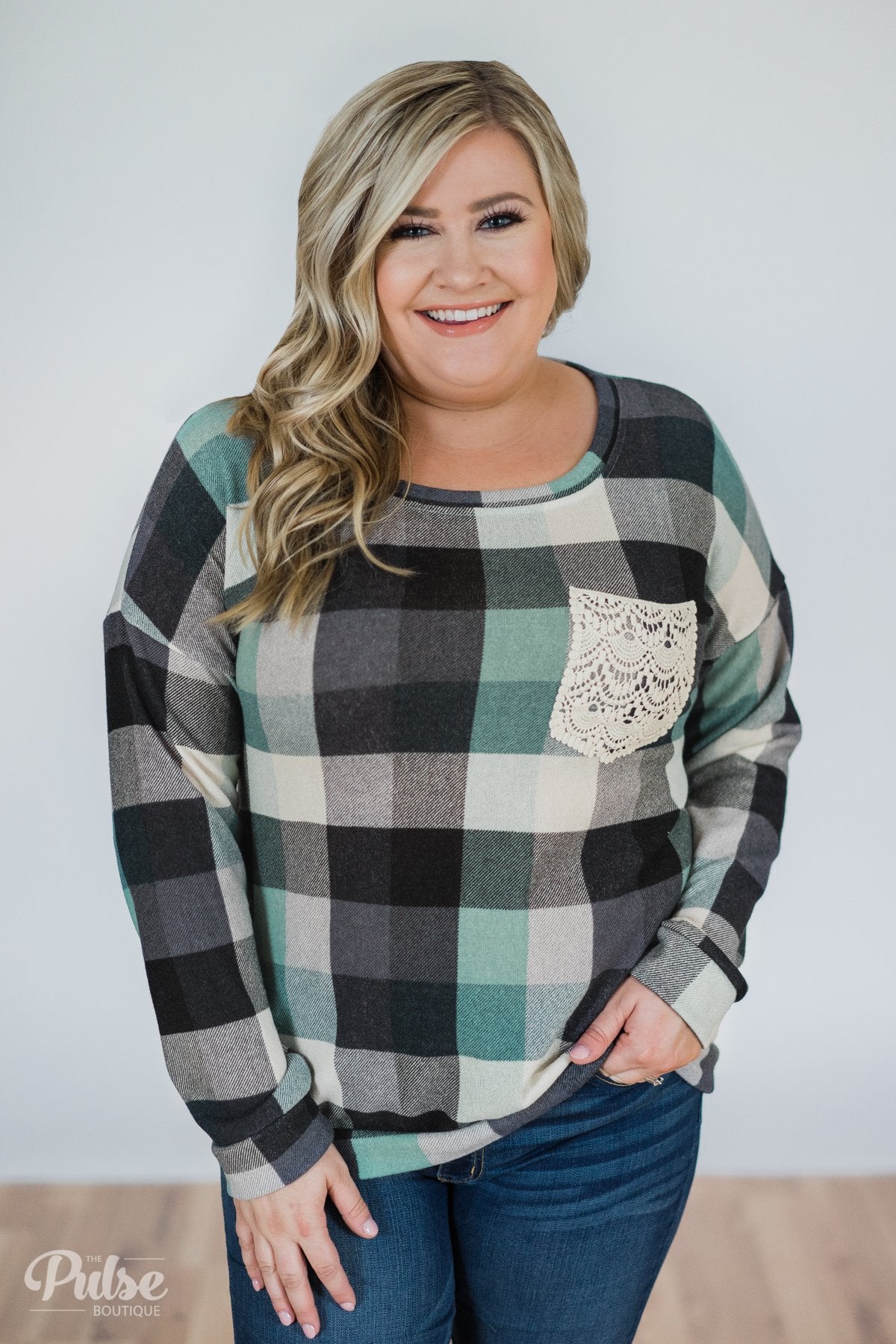 Checkered Pullover Pocket Top- Mint & Navy