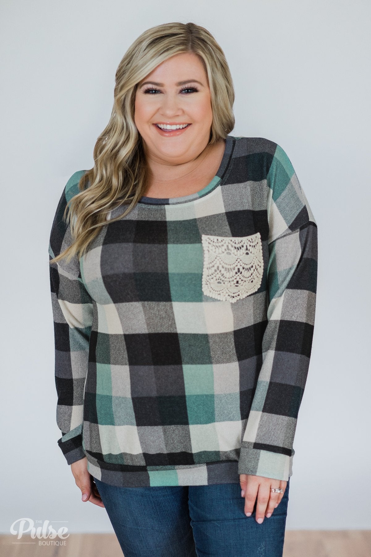 Checkered Pullover Pocket Top- Mint & Navy