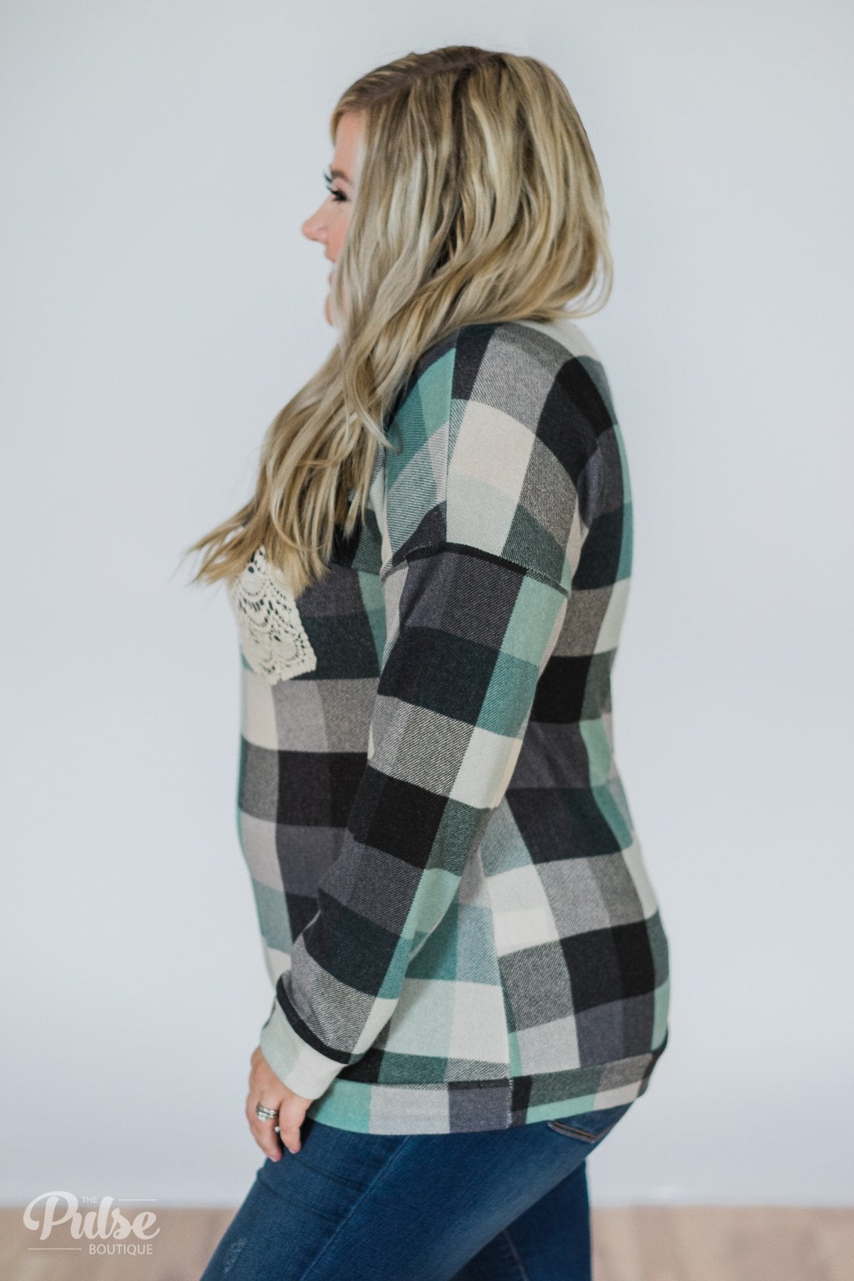 Checkered Pullover Pocket Top- Mint & Navy