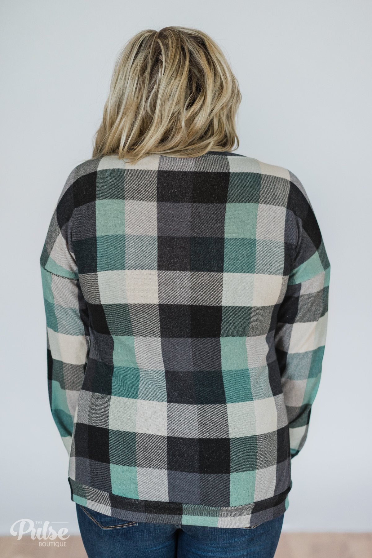 Checkered Pullover Pocket Top- Mint & Navy