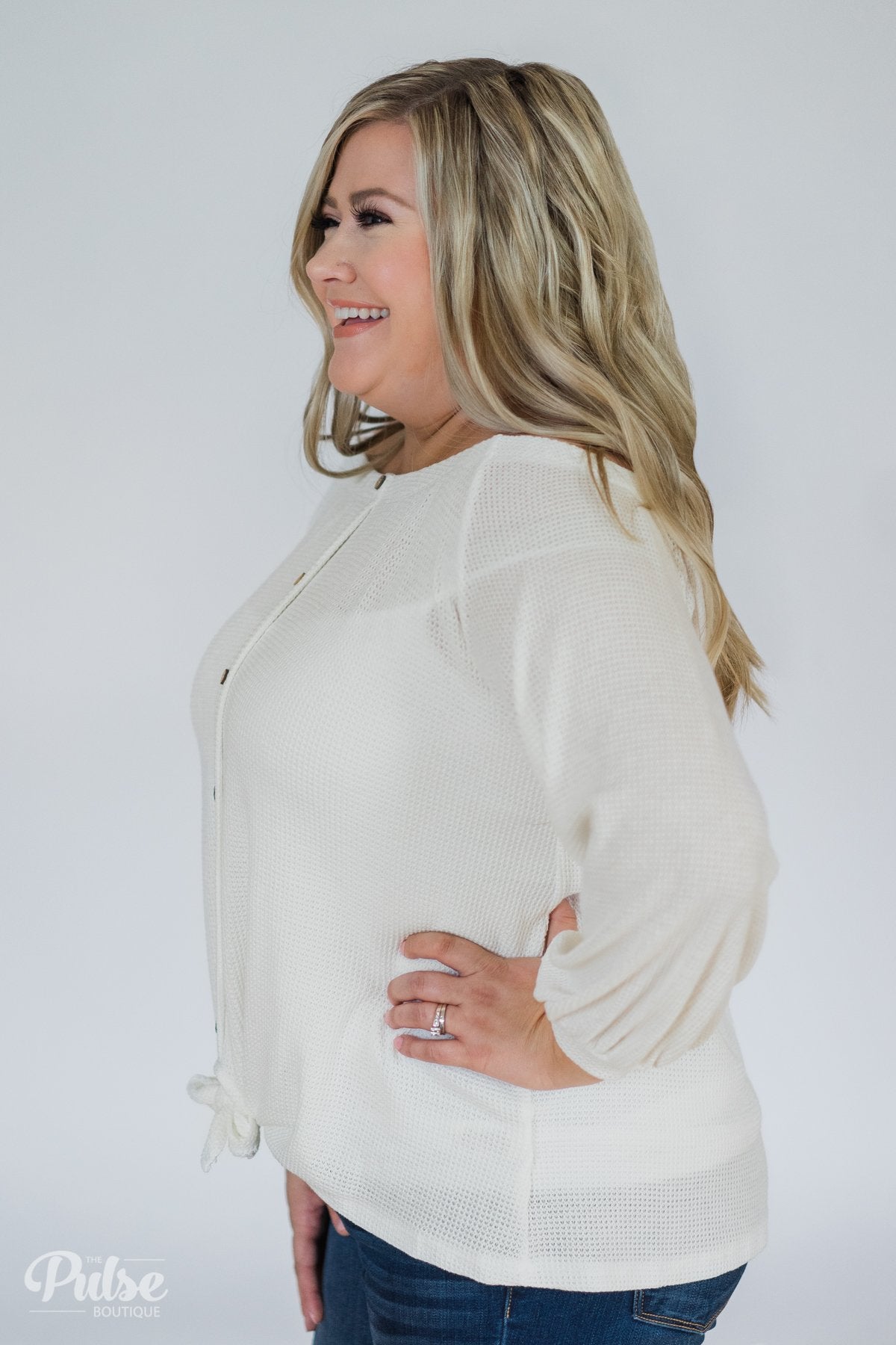 Thermal Off the Shoulder Button Top- Ivory