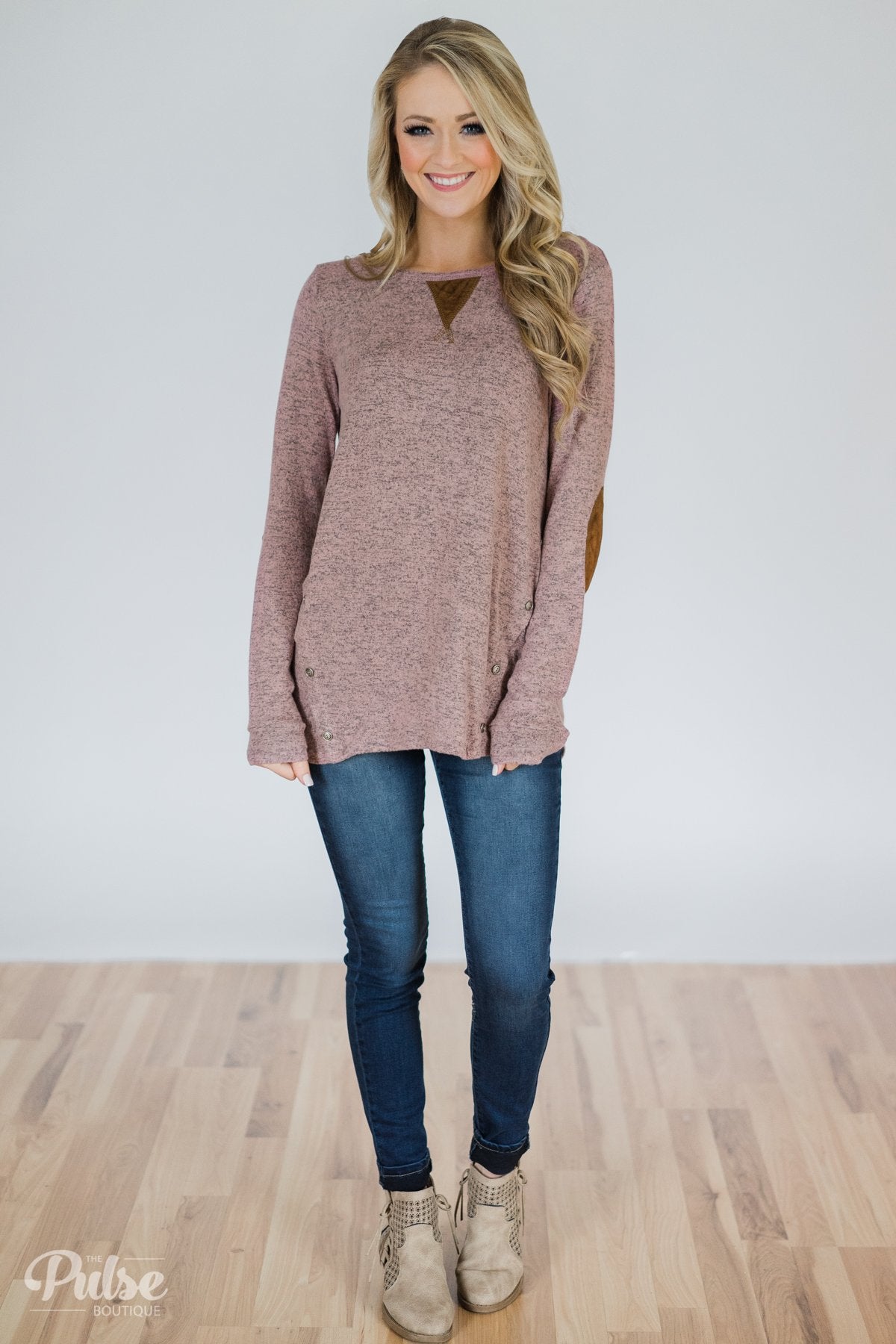 Perfect Pair Button & Elbow Patch Top- Heathered Mauve