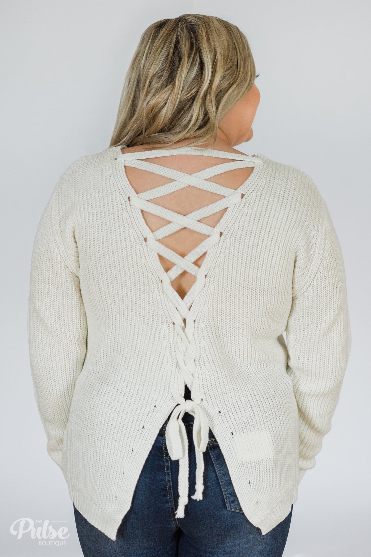 Fixed on You Lace Down Back Knitted Sweater- Ivory