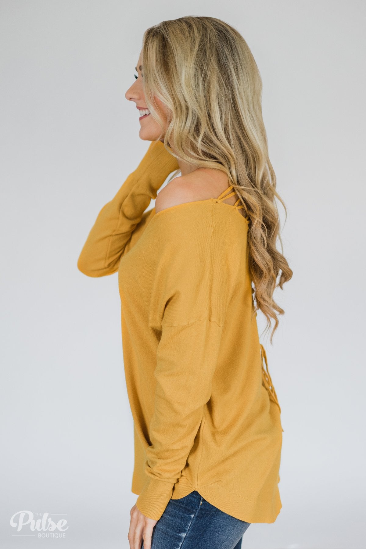 Soft Bliss Lace Down Back Sweater- Honey Yellow