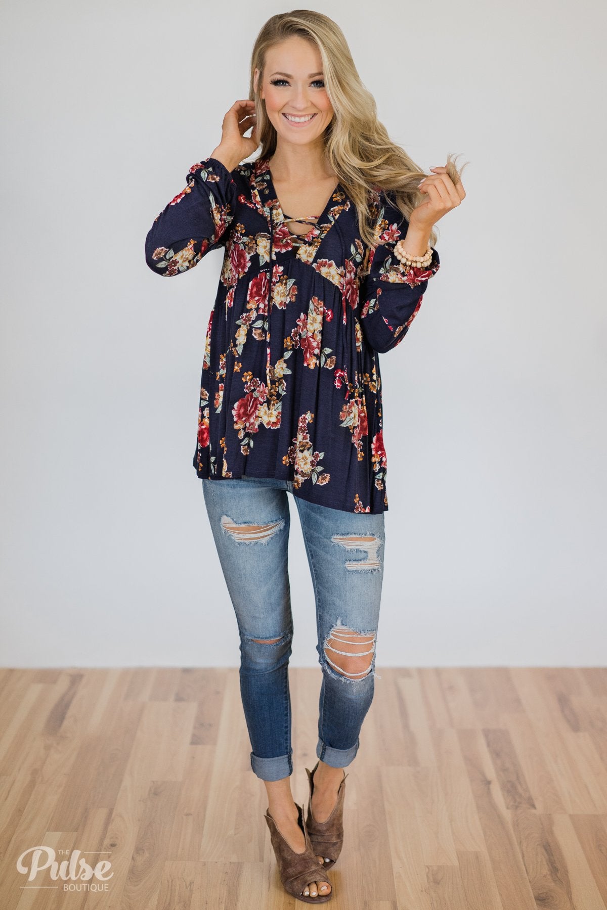 Floral Lace Up Babydoll Top- Navy