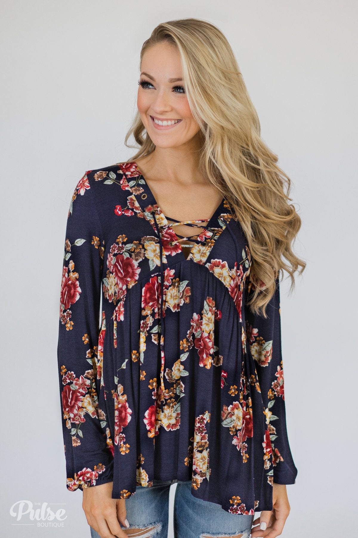 Floral Lace Up Babydoll Top- Navy