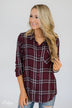 Easy Going Button Up Plaid Top- Plum