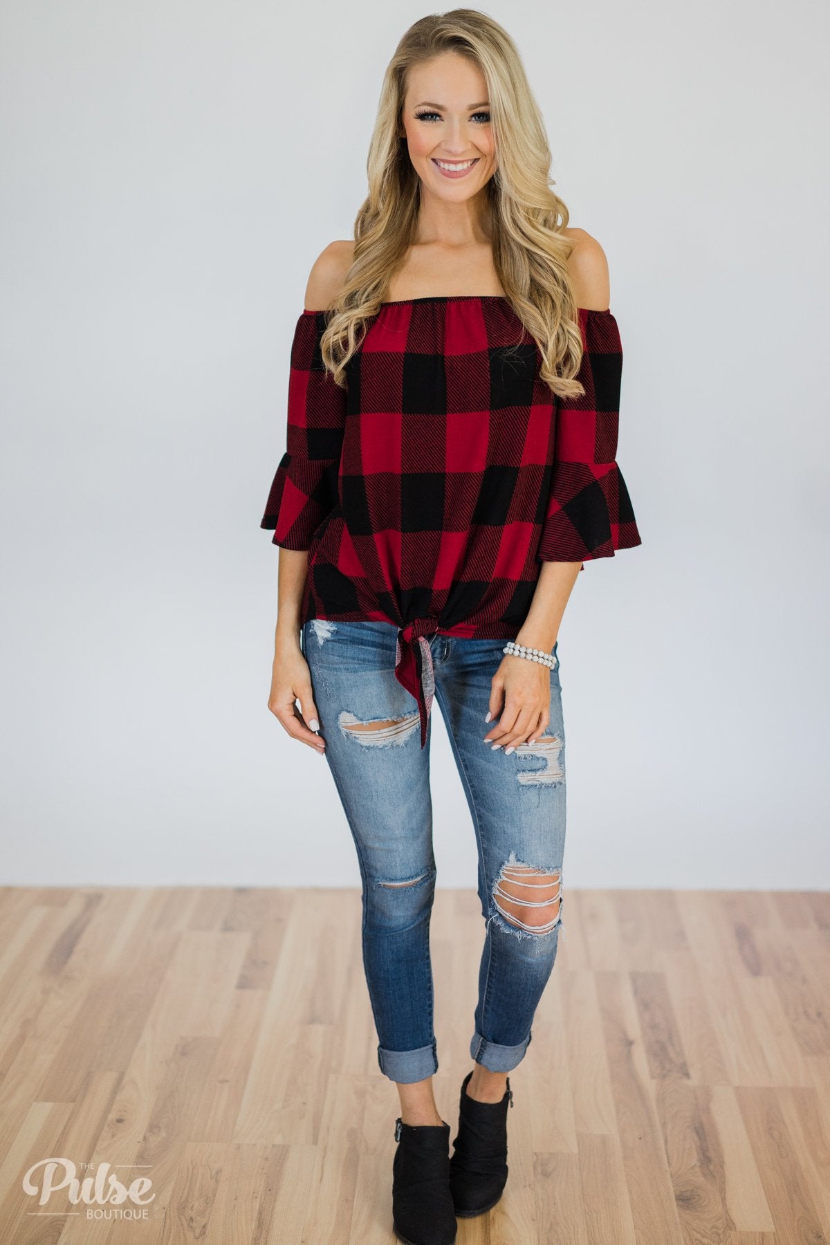 Buffalo Plaid Off the Shoulder Top – The Pulse Boutique