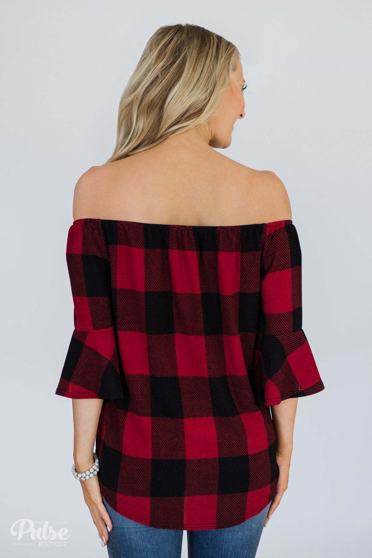 Red and black plaid off the shoulder top cheap