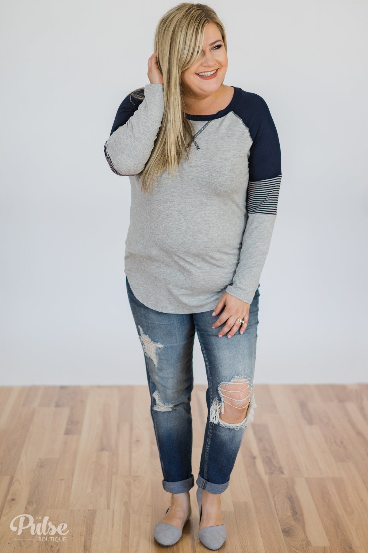 Hold on Tight Striped Sleeve Top- Heather Grey & Navy