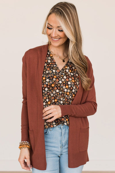 Quiet Times Cuffed Sleeve POL Cardigan (Brick)