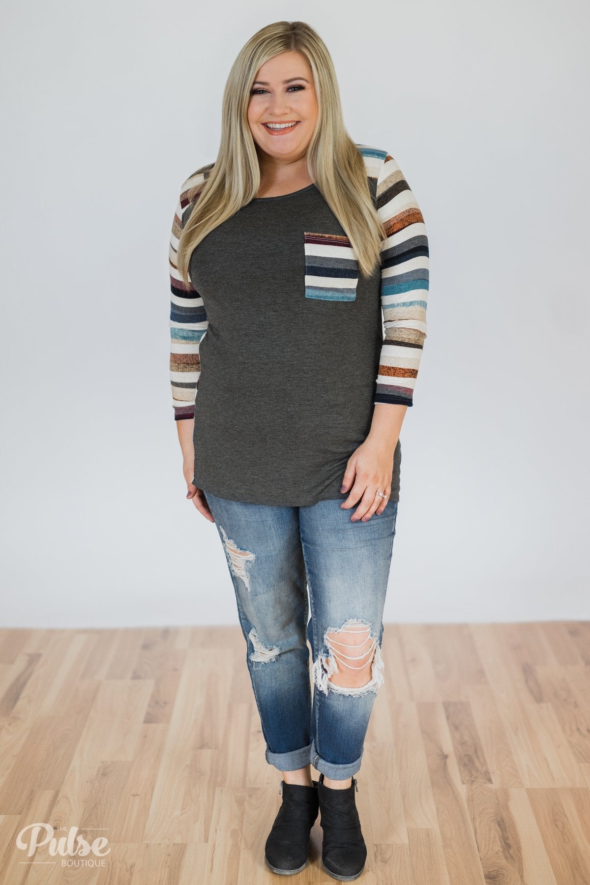 Perfectly Shaded 3/4 Sleeve Striped Top- Charcoal