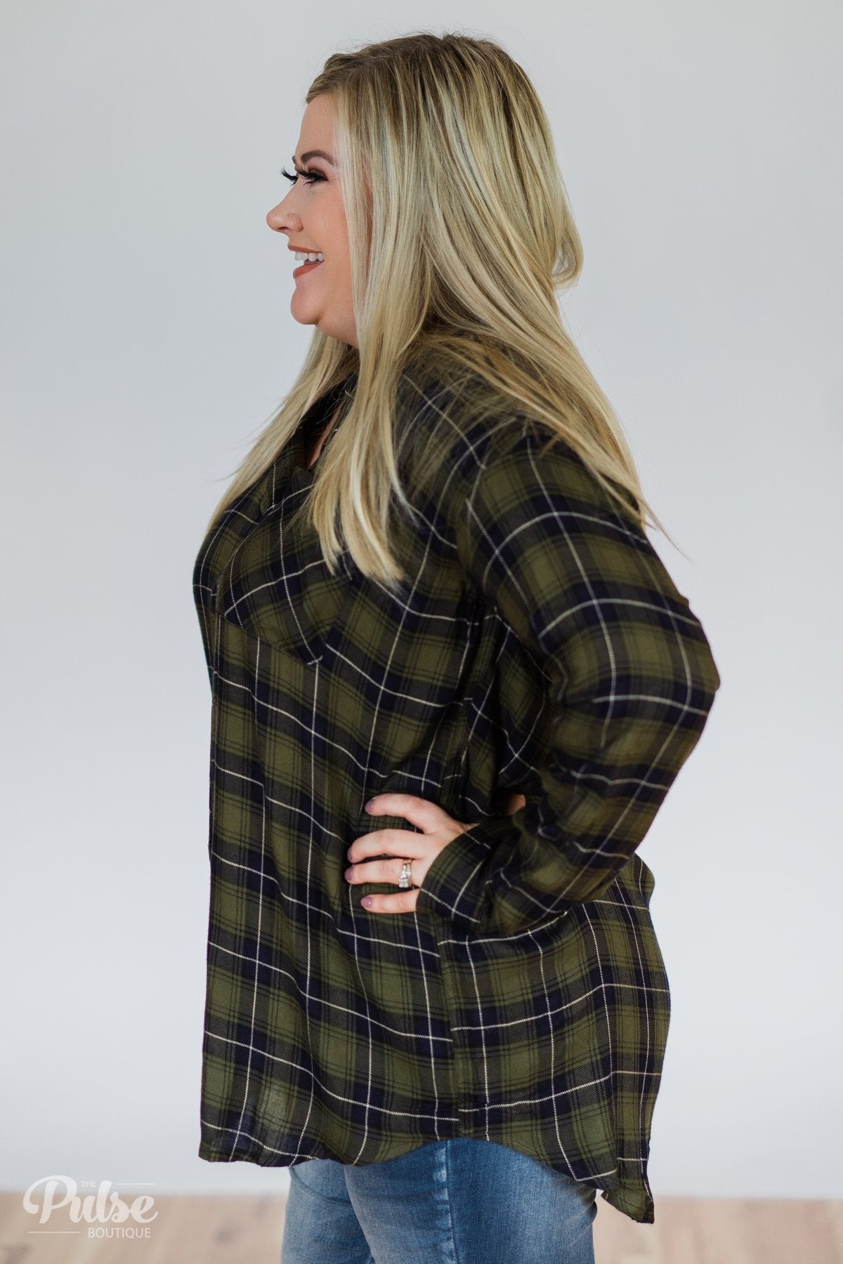 Take It Away Plaid Top- Olive & Navy