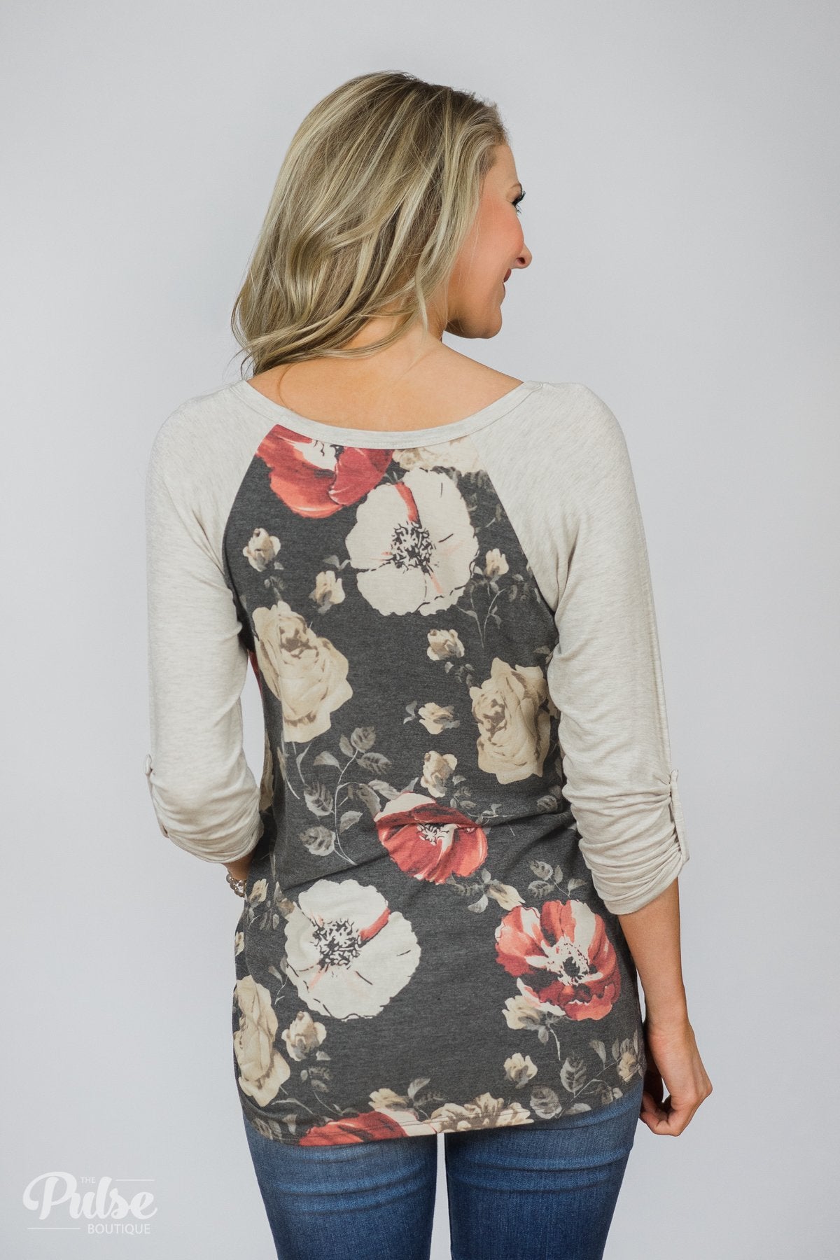 Ahead of the Game Floral Baseball Top- Charcoal