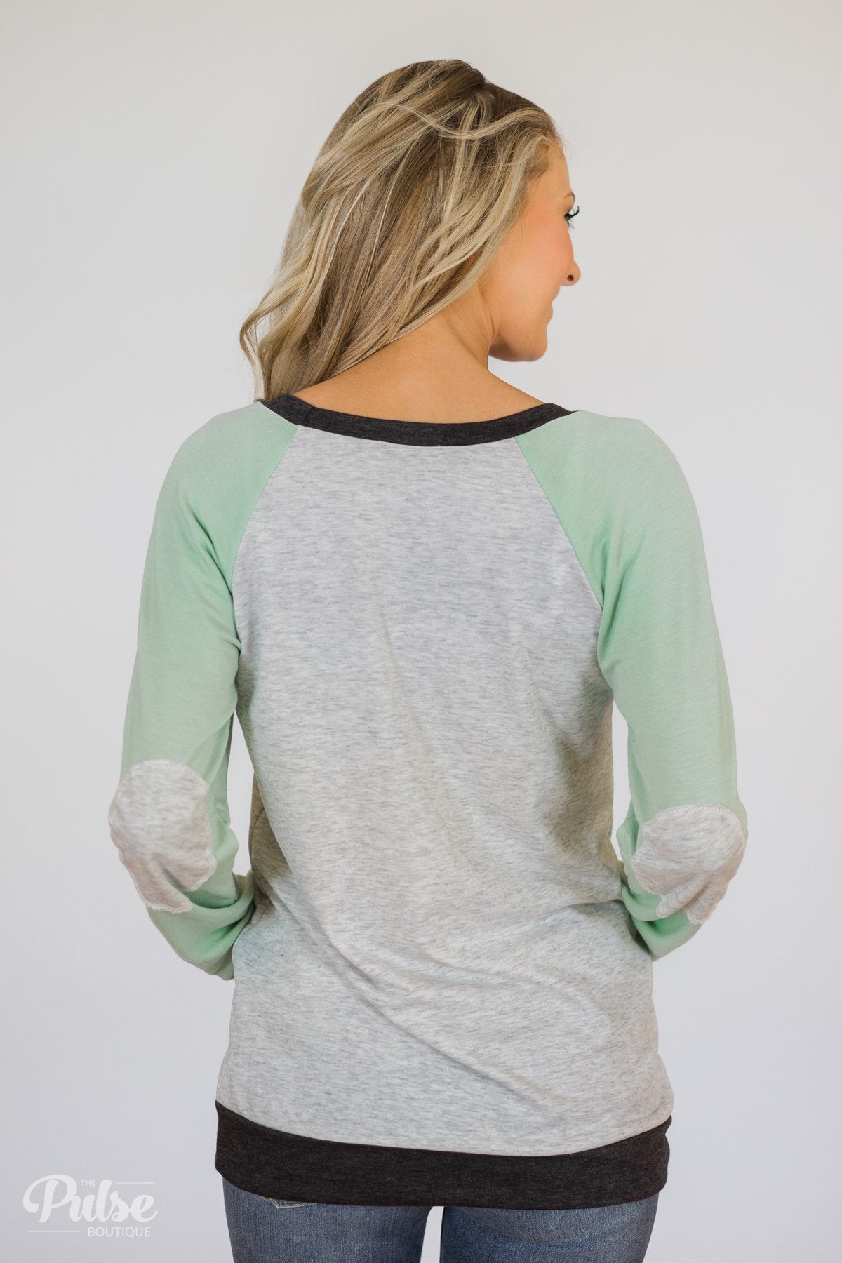 Elbow Patch Color Block Pullover Top- Mint, Charcoal, Grey