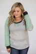 Elbow Patch Color Block Pullover Top- Mint, Charcoal, Grey
