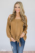 Thermal Off the Shoulder Button Top- Mustard