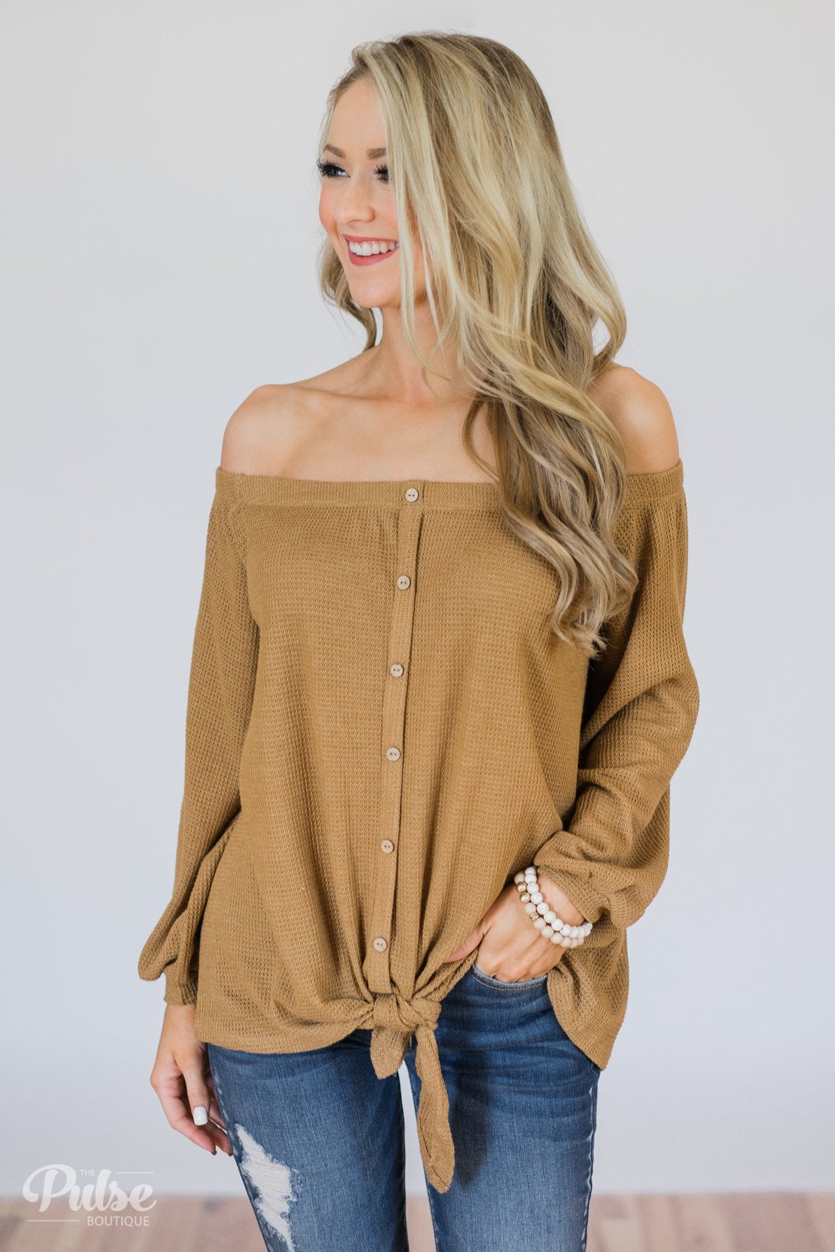 Thermal Off the Shoulder Button Top- Mustard