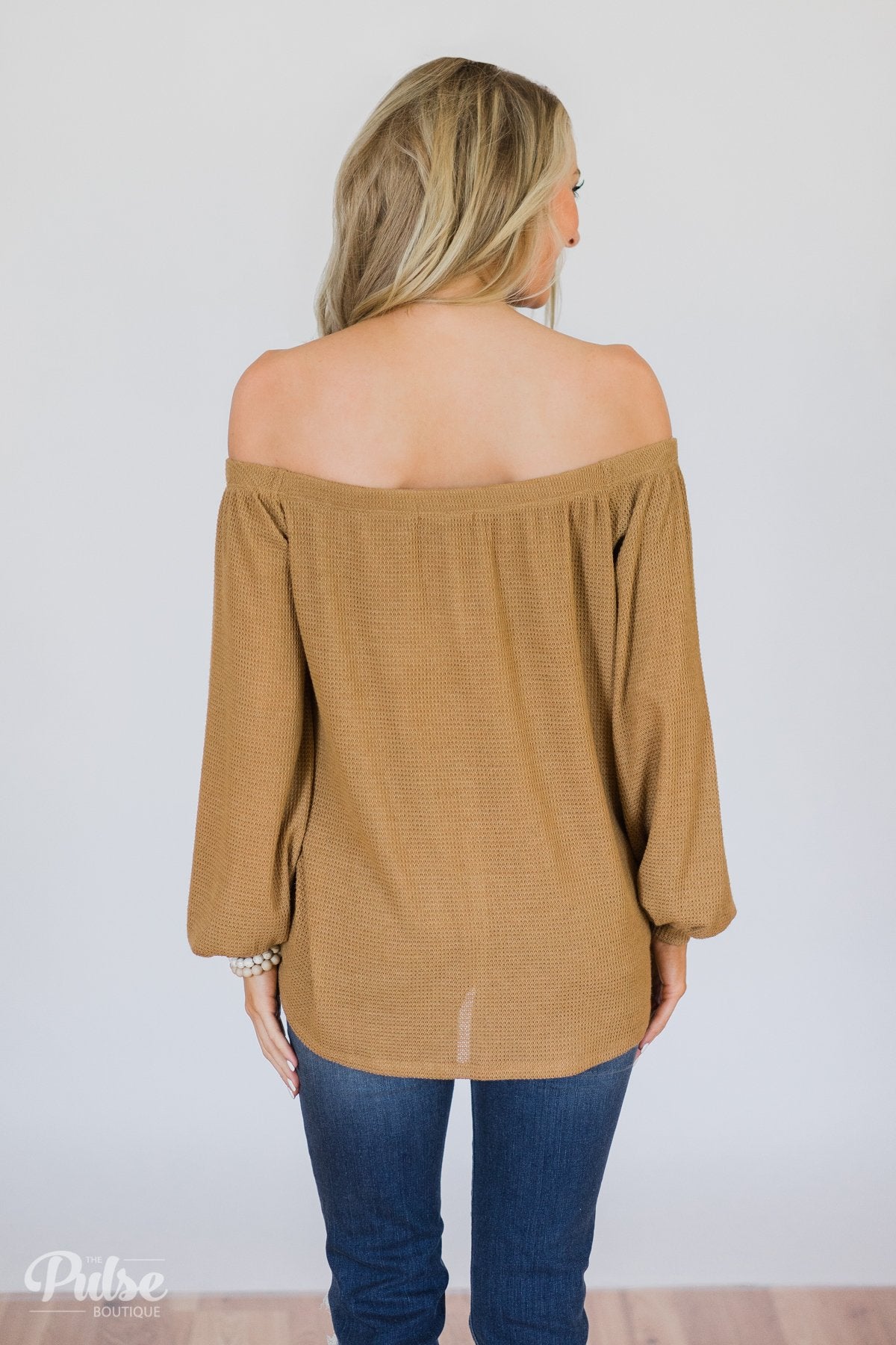 Thermal Off the Shoulder Button Top- Mustard