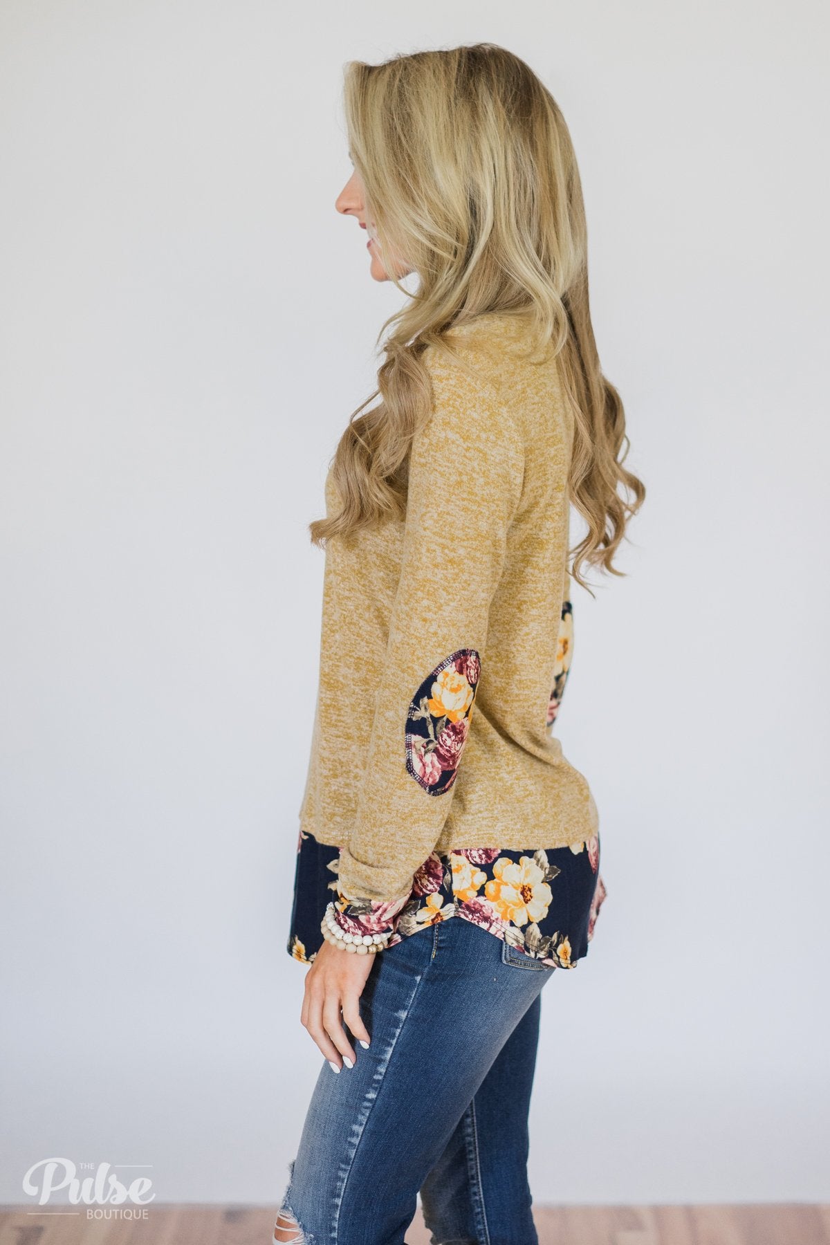 Patches of Floral Long Sleeve Top- Heathered Mustard