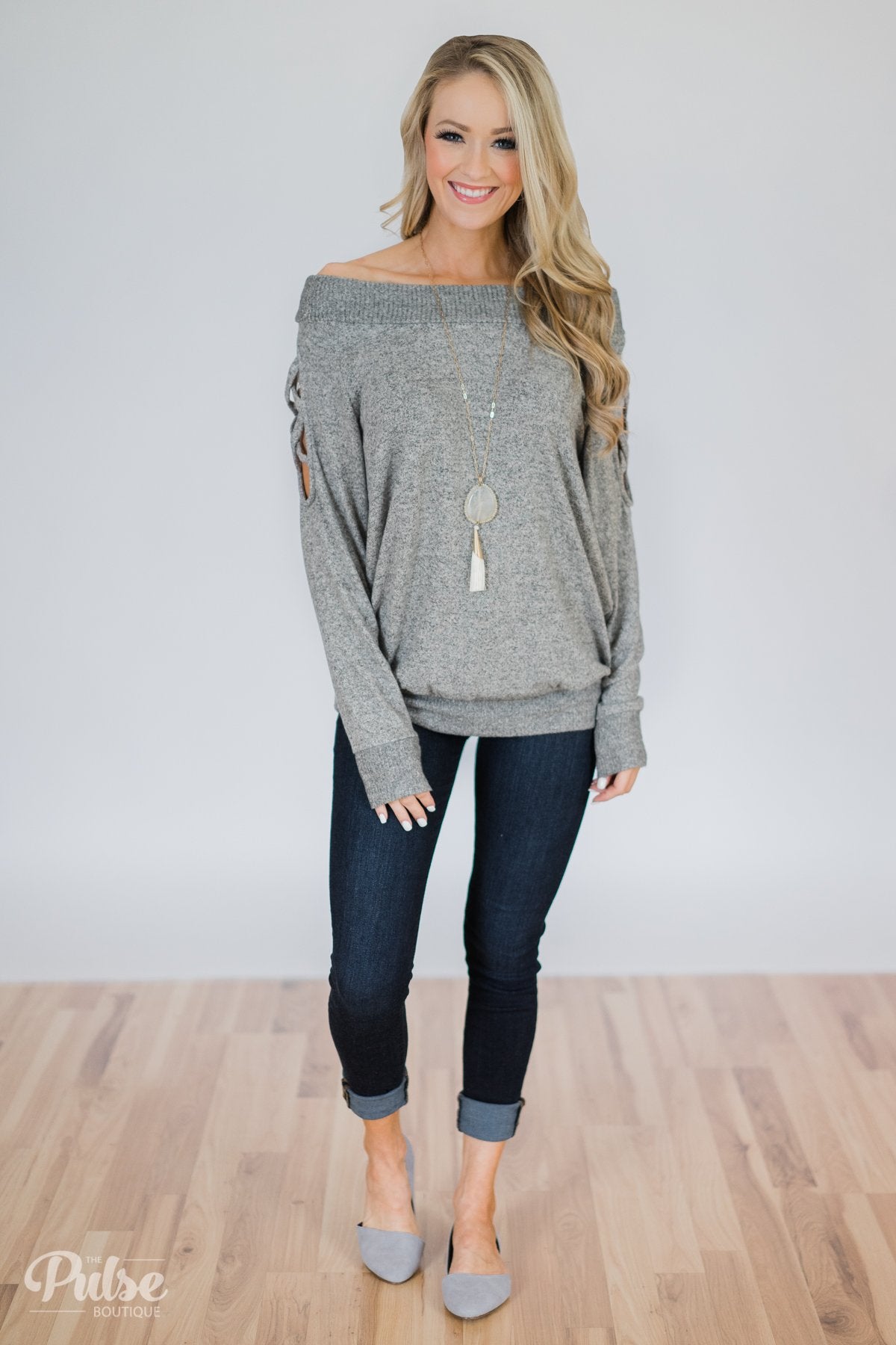 Keep Holding On Sleeve Detail Sweater- Heather Grey