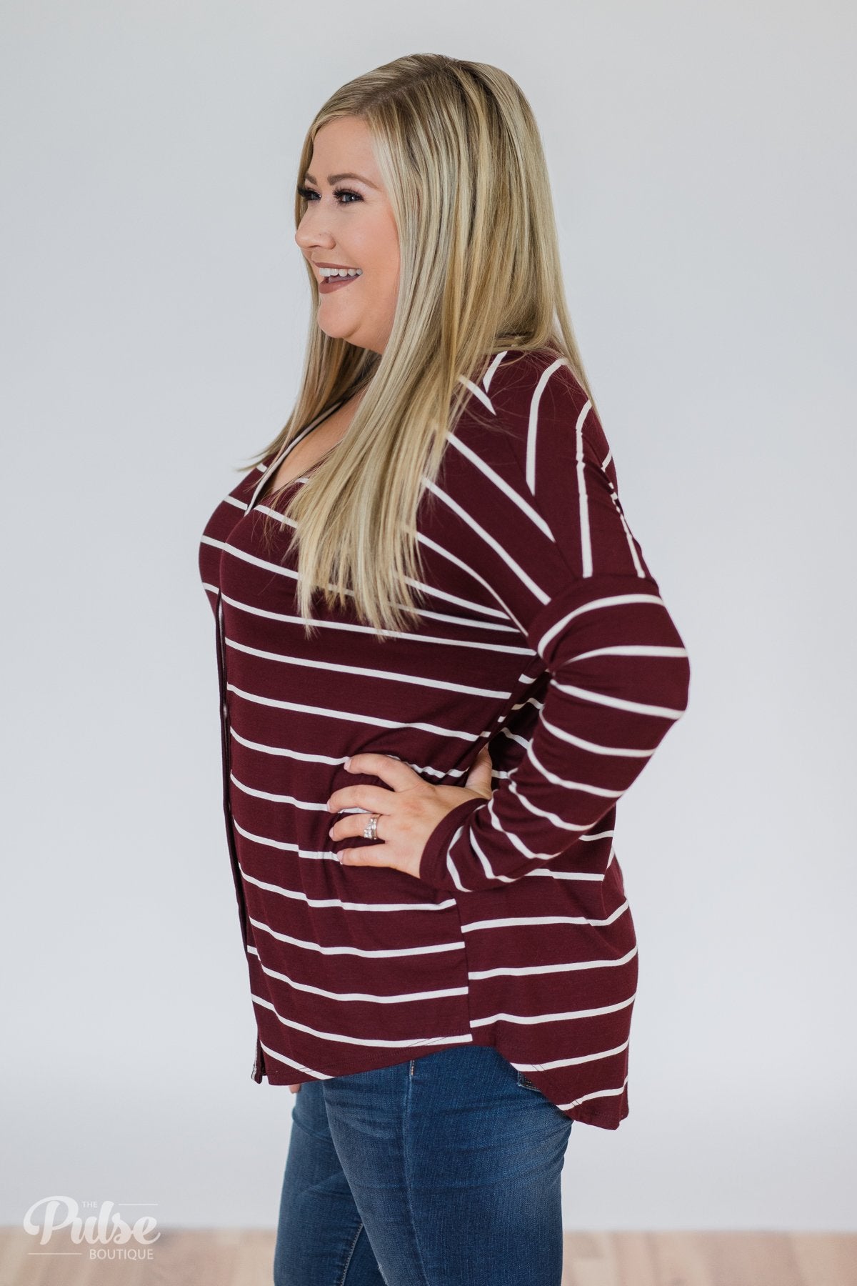 Caught Up to You Long Sleeve Striped Top- Burgundy