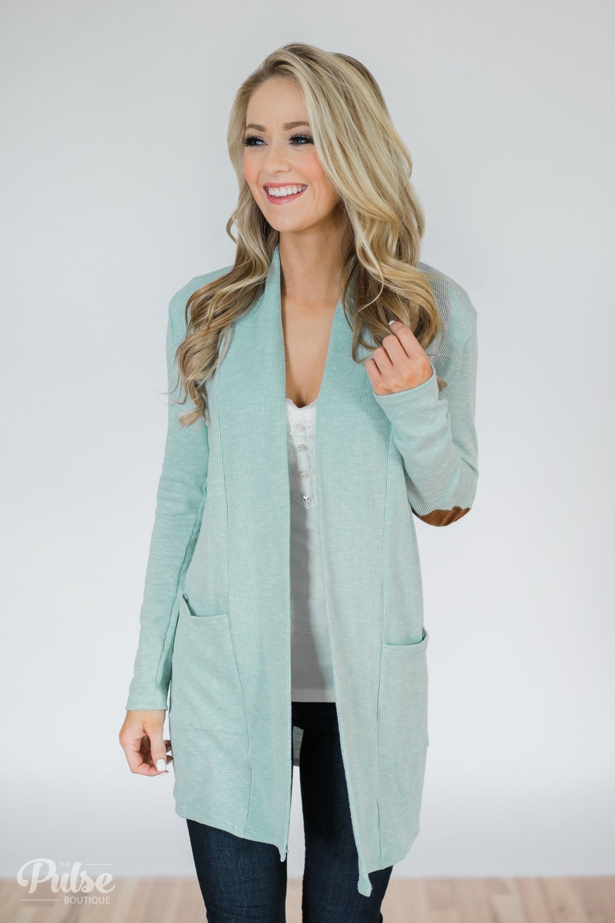 As Long As You Need Elbow Patch Cardigan- Bright Mint