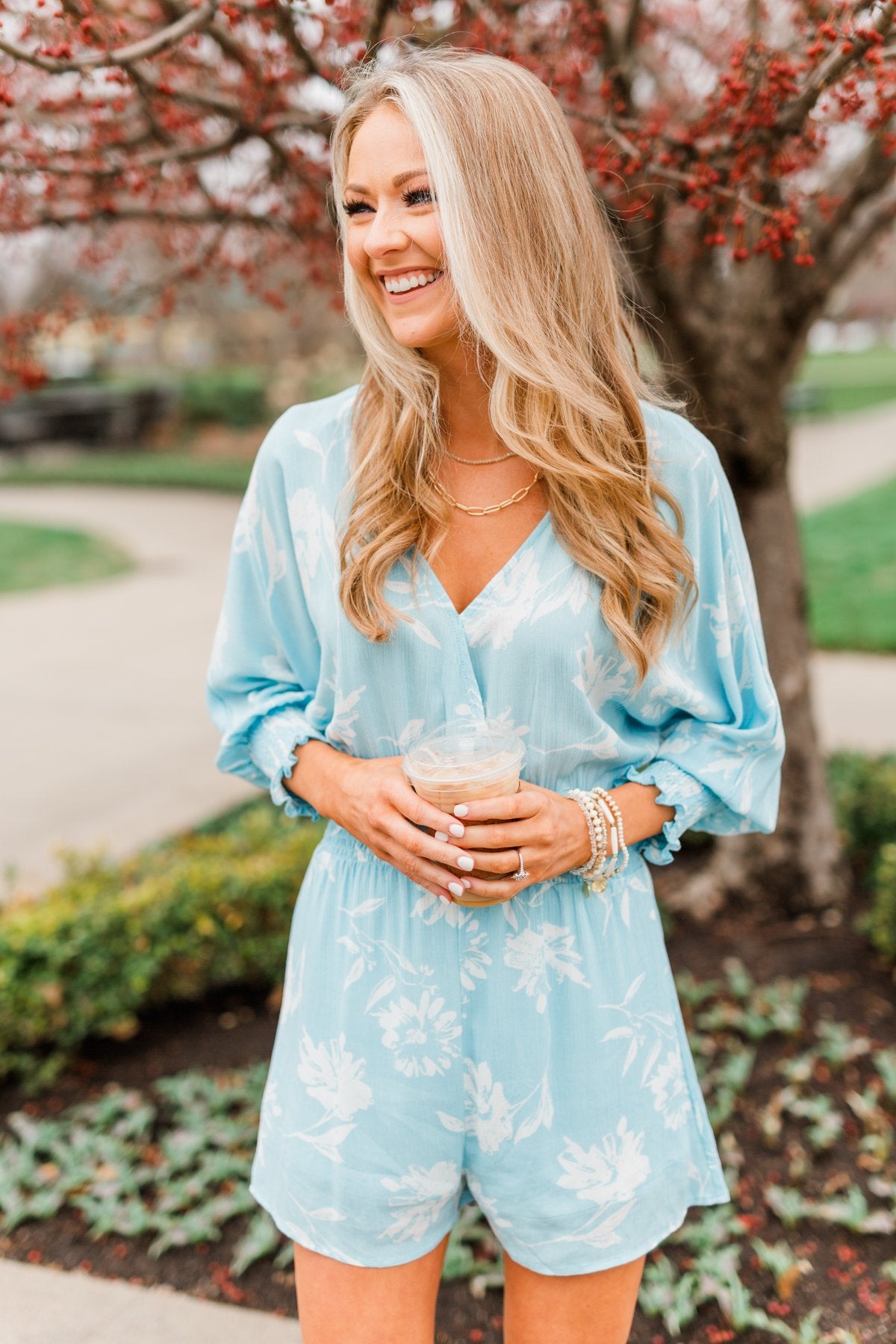 Got You On My Mind Floral Romper- Sky Blue