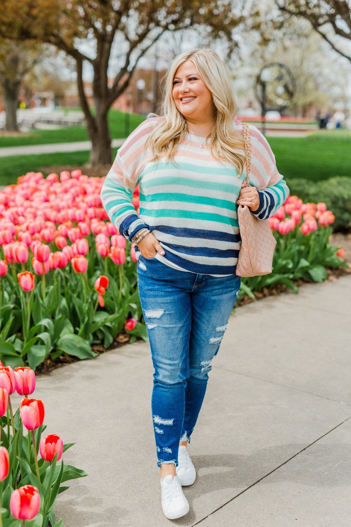 Blessed Days Striped Knit Top- Shades of Blue & Peach
