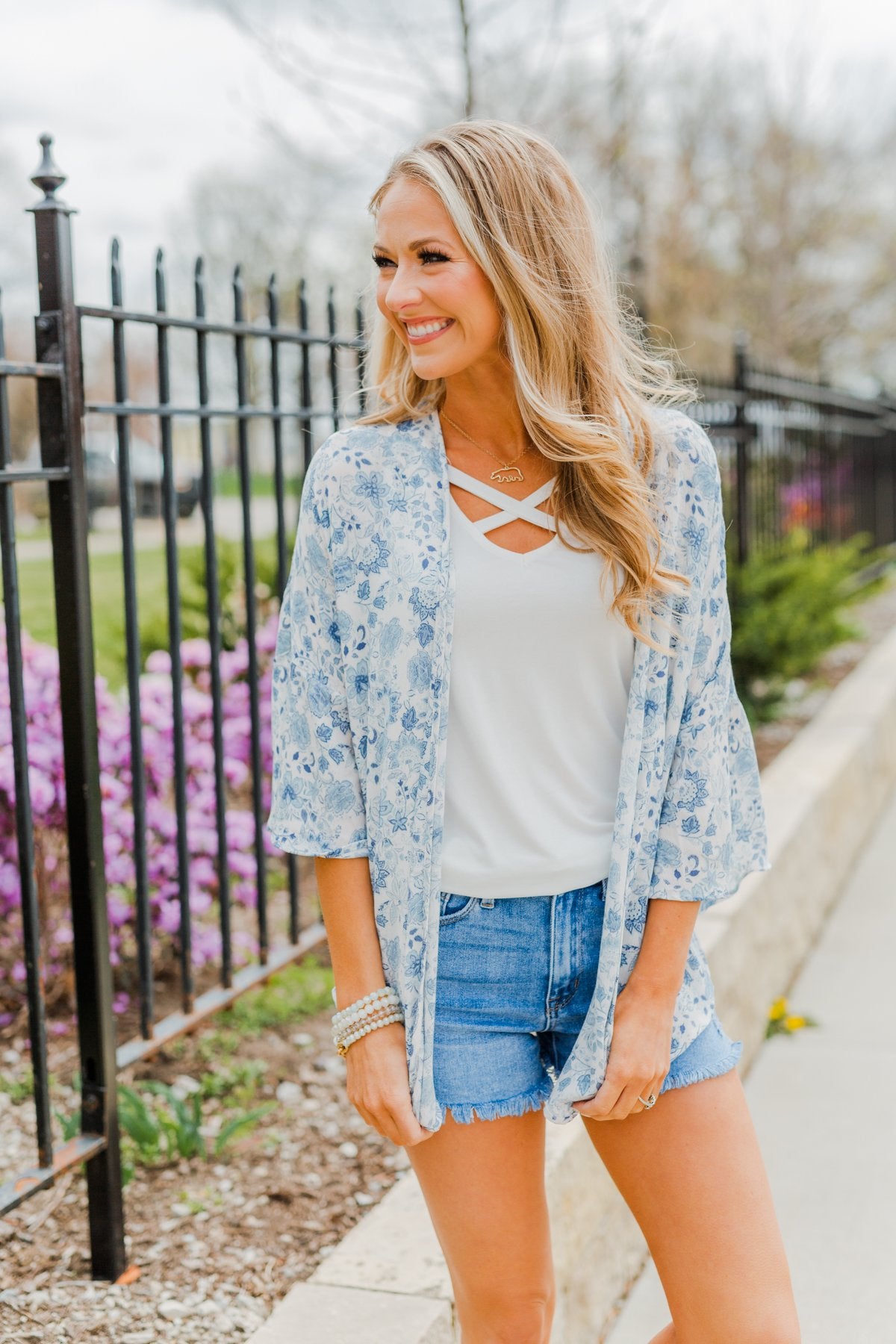 Thoughtful Wishes Floral Kimono- Ivory & Blue