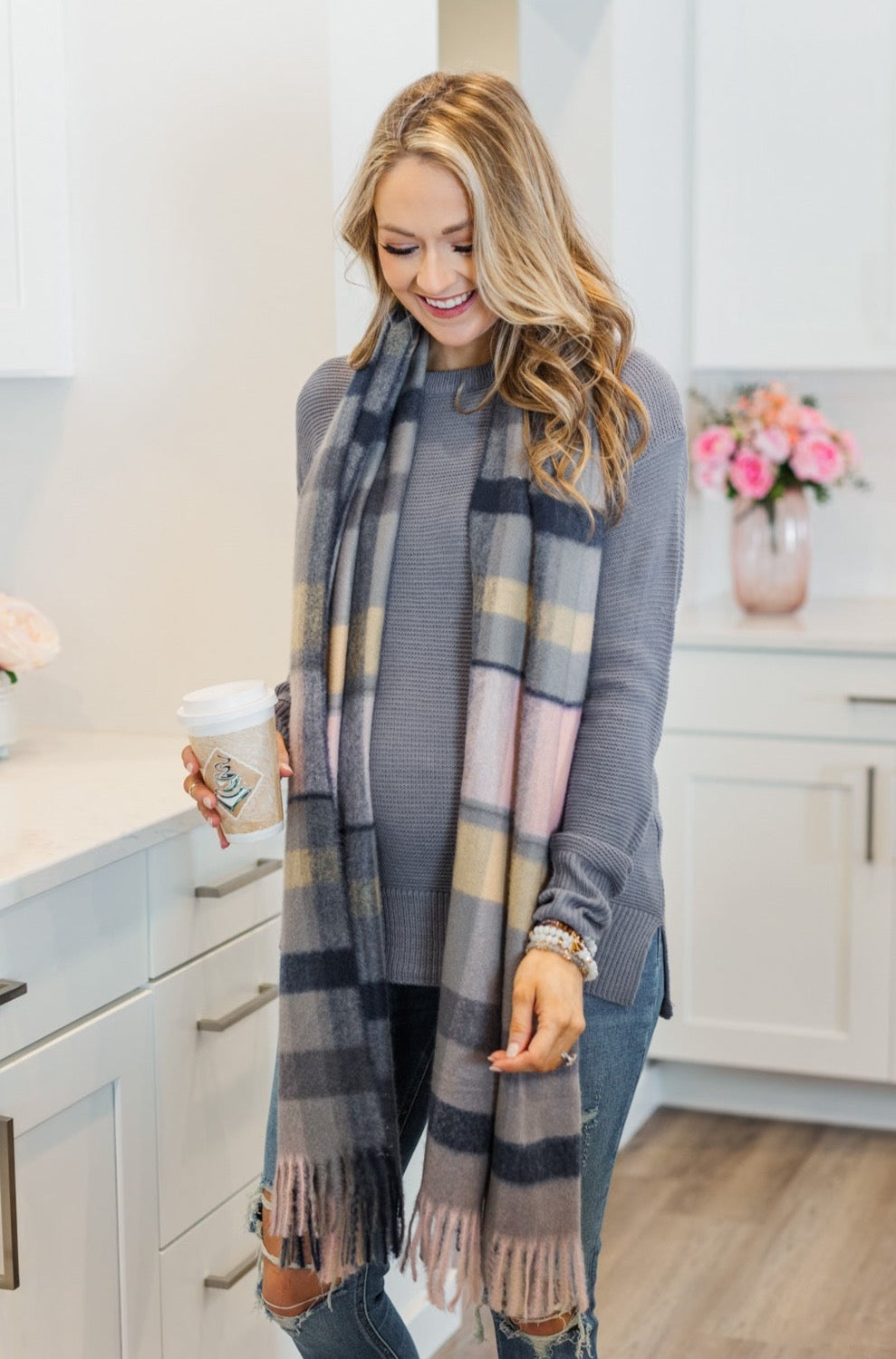 Cozy Cutie Plaid Blanket Scarf- Navy