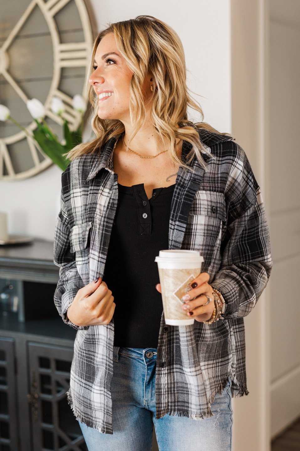Coming Through Frayed Plaid Top- Grey & Black