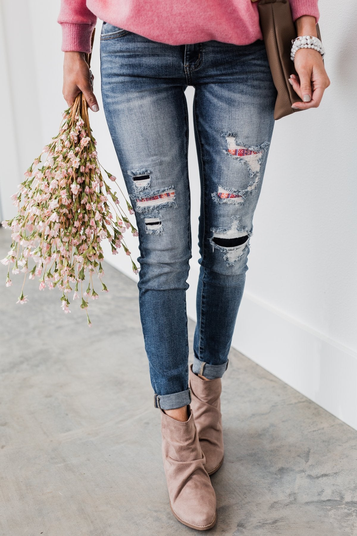 KanCan Distressed Skinny Jeans- Aztec Patch