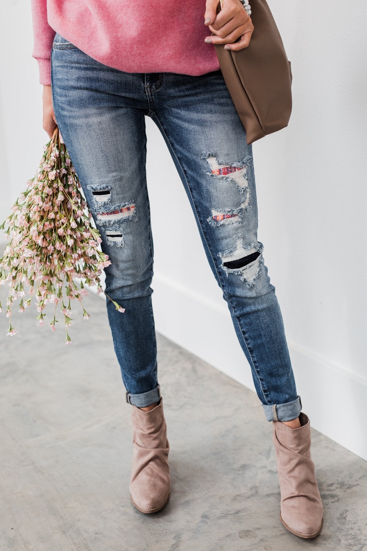 KanCan Distressed Skinny Jeans- Aztec Patch