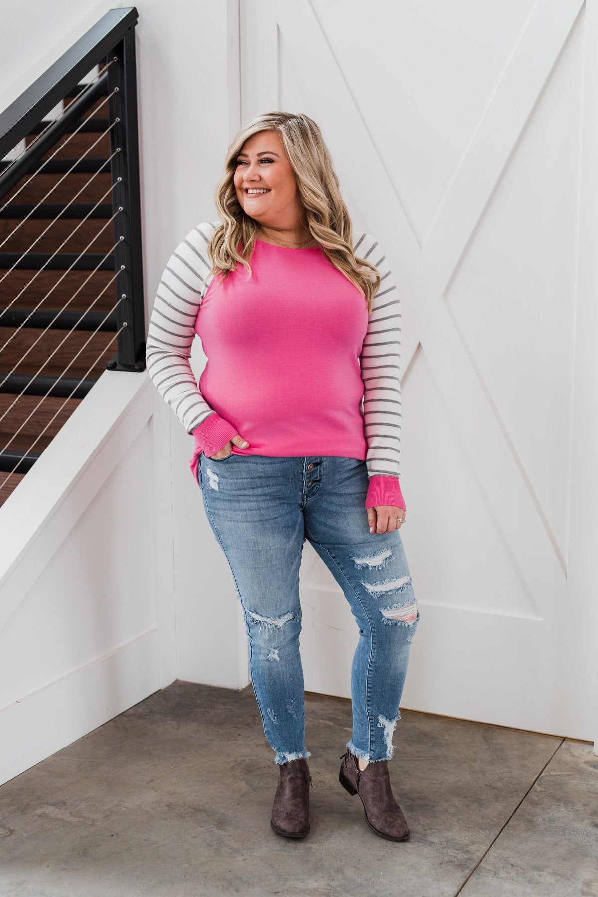 Loving Life Striped Sweater- Bubblegum Pink & Ivory