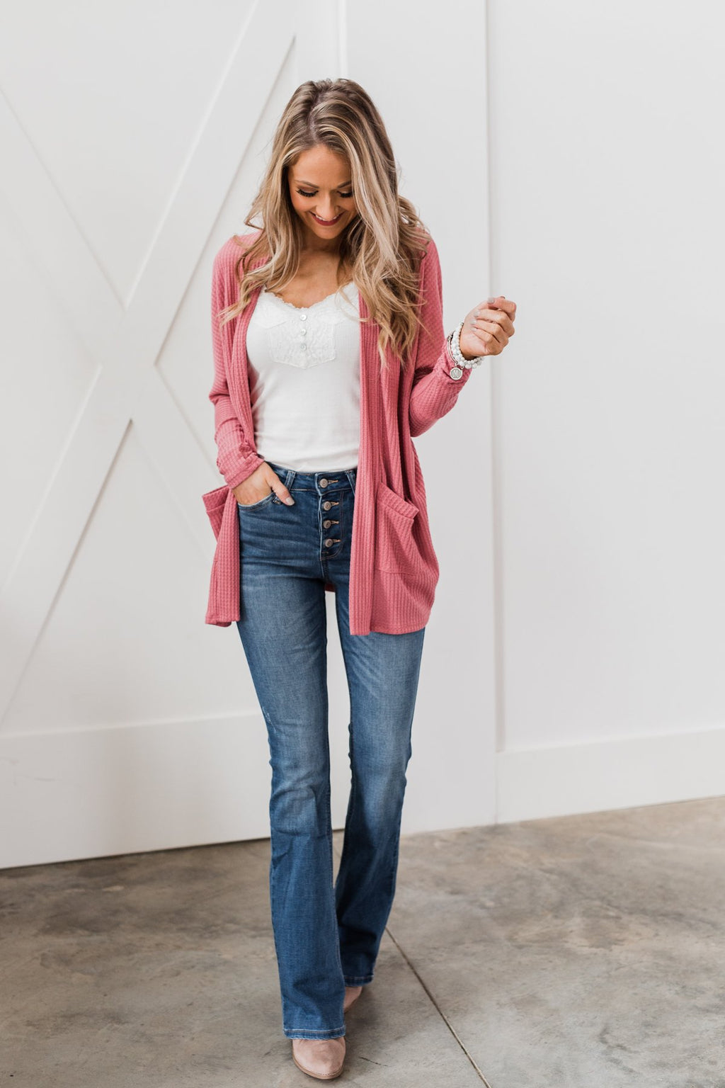 Break Free Waffle Knit Cardigan- Dusty Rose