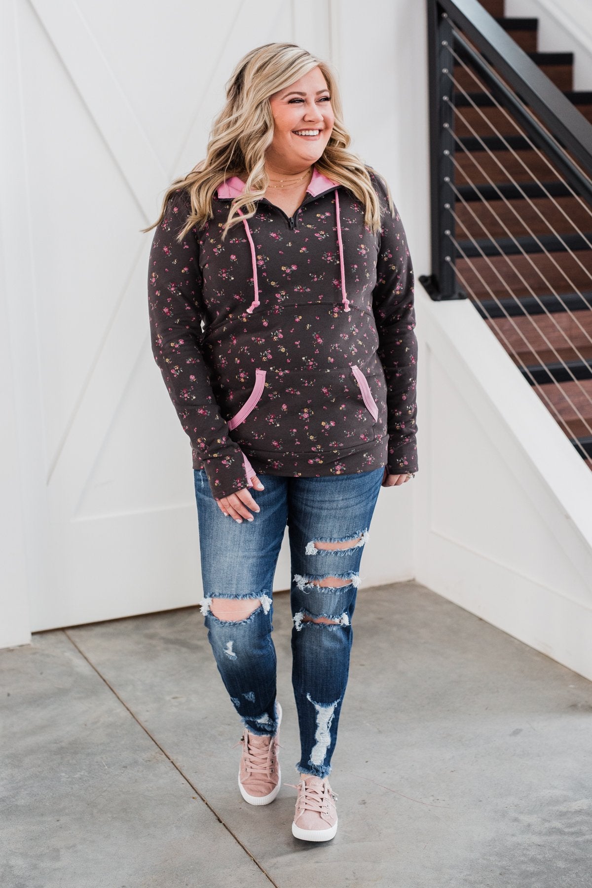 Walk In The Park Floral Drawstring Hoodie- Dusty Charcoal
