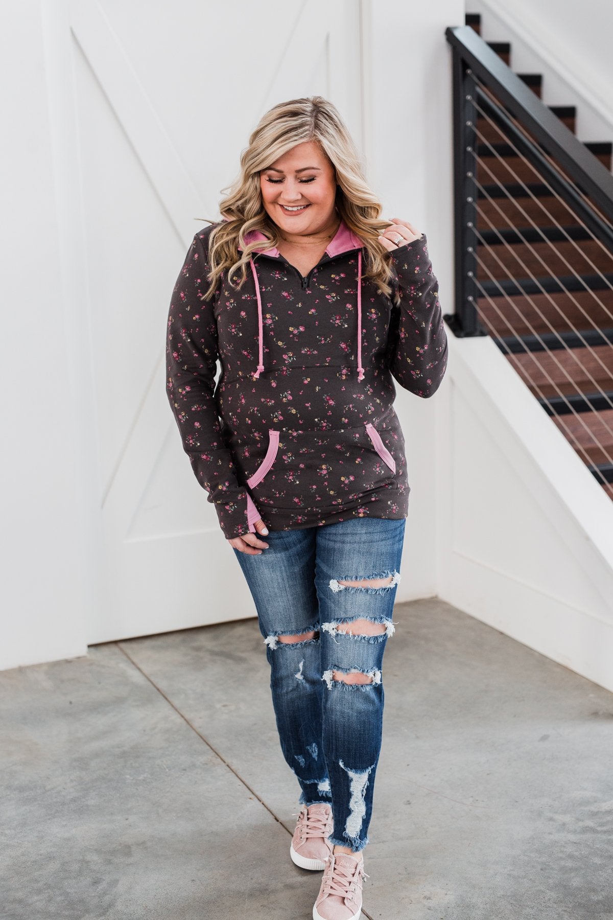 Walk In The Park Floral Drawstring Hoodie- Dusty Charcoal