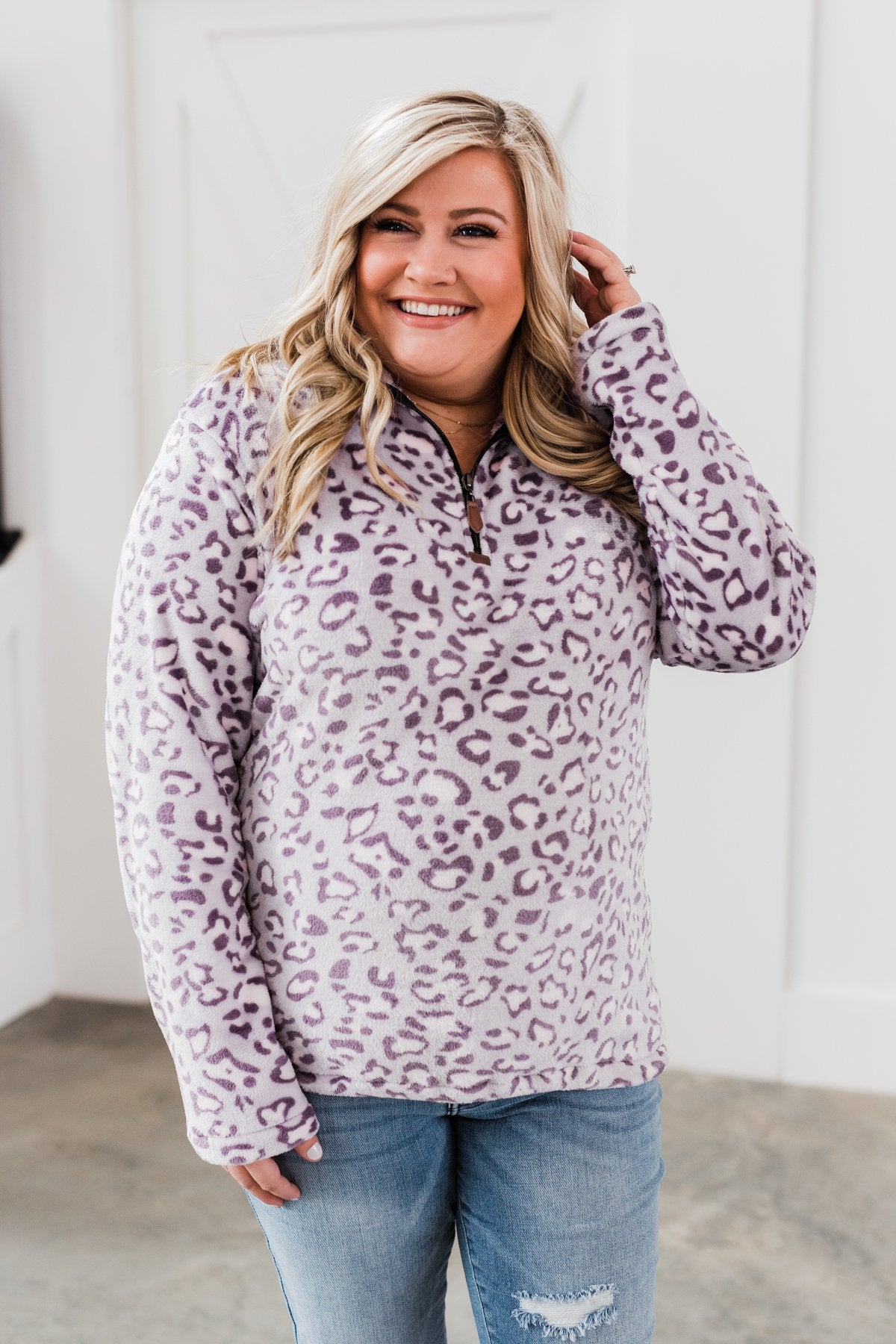 Quarter Zip Leopard Sherpa- Lilac