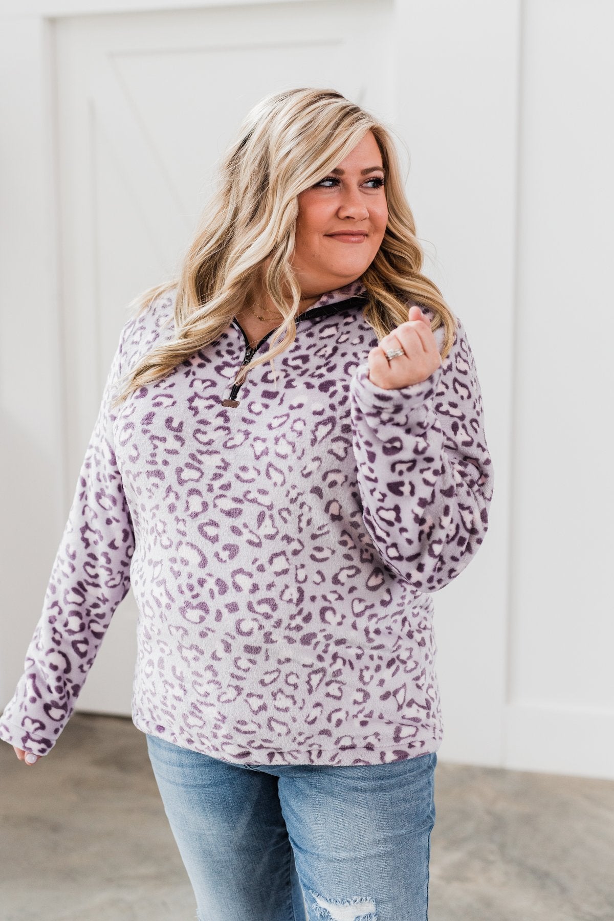 Quarter Zip Leopard Sherpa- Lilac