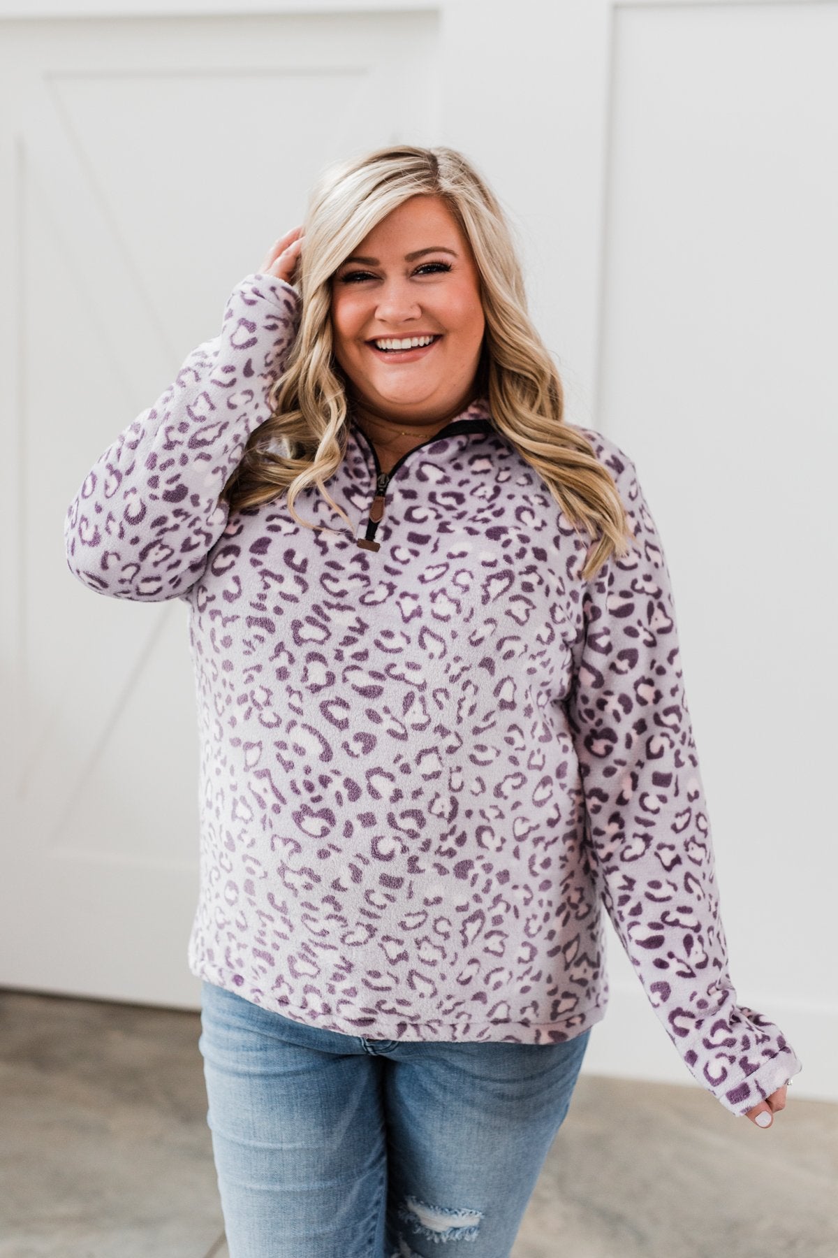 Quarter Zip Leopard Sherpa- Lilac