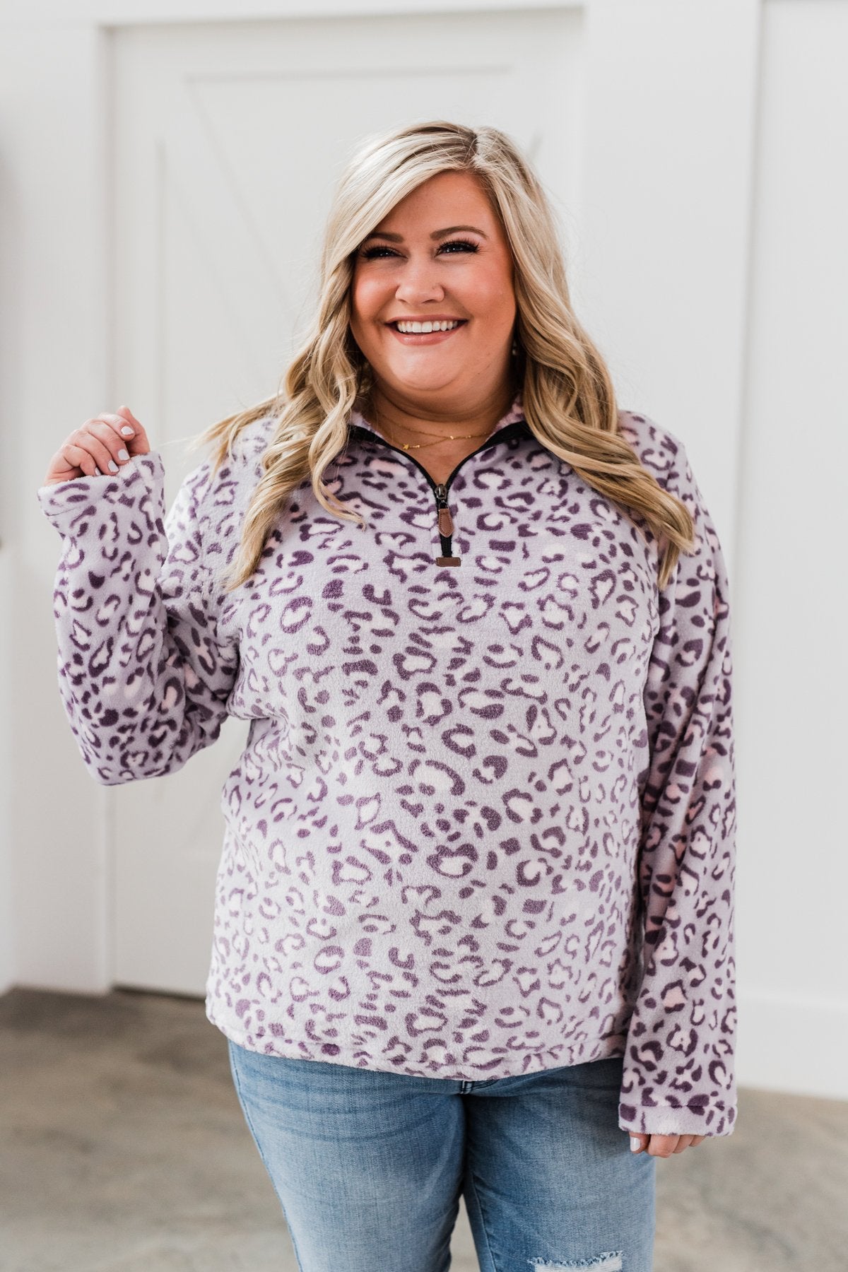 Quarter Zip Leopard Sherpa- Lilac