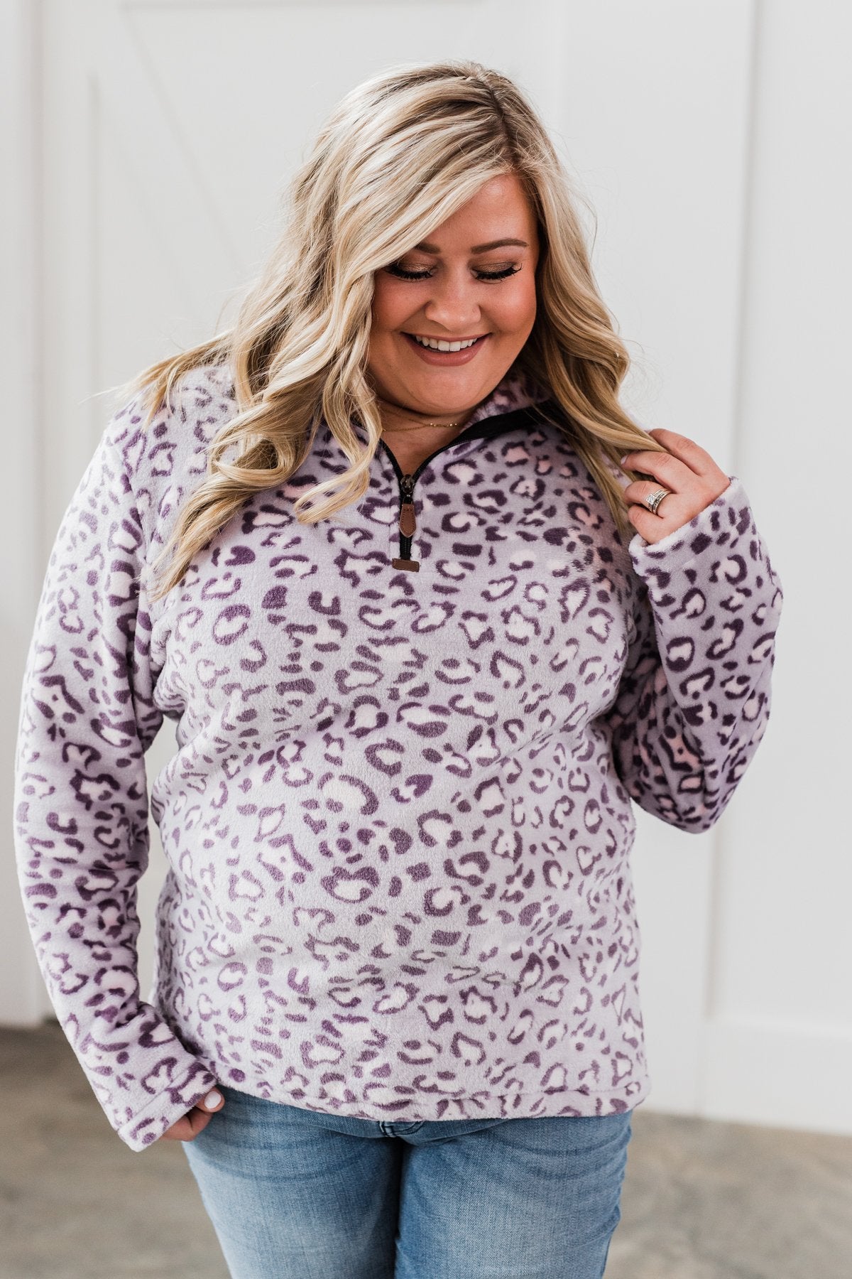 Quarter Zip Leopard Sherpa- Lilac