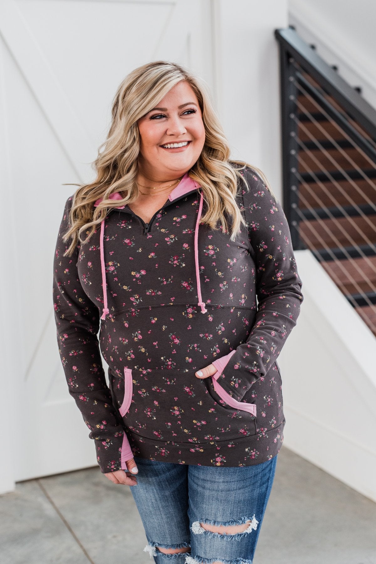 Walk In The Park Floral Drawstring Hoodie- Dusty Charcoal