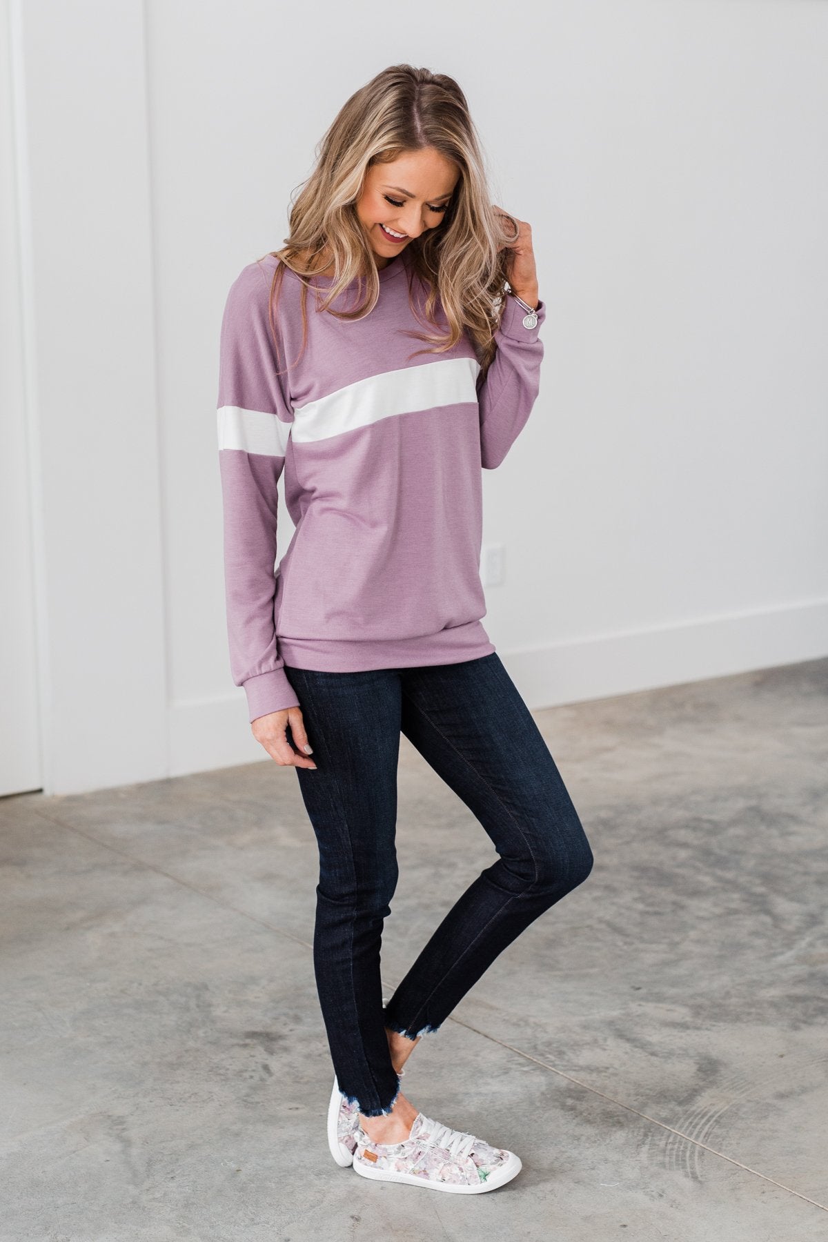 Make No Mistake Long Sleeve Top- Dark Lavender & Ivory