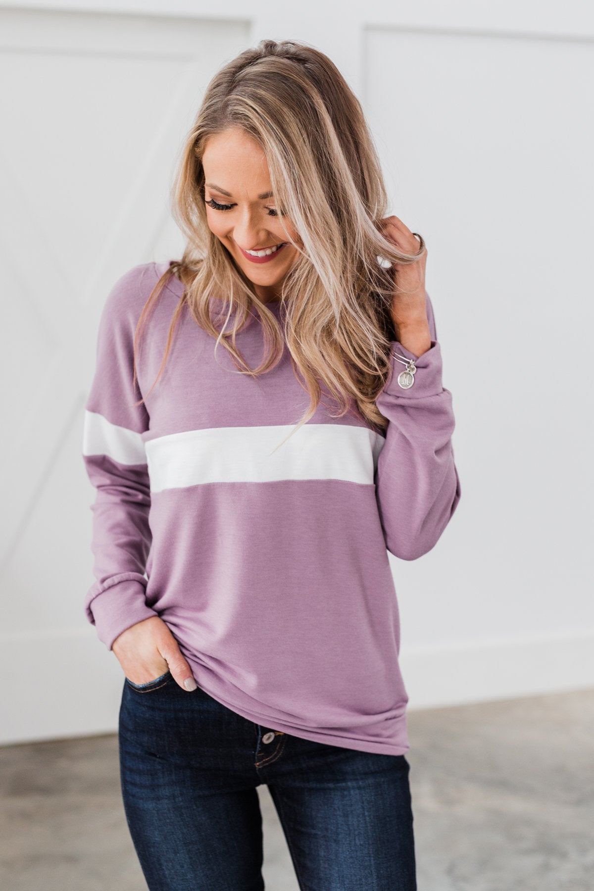 Make No Mistake Long Sleeve Top- Dark Lavender & Ivory