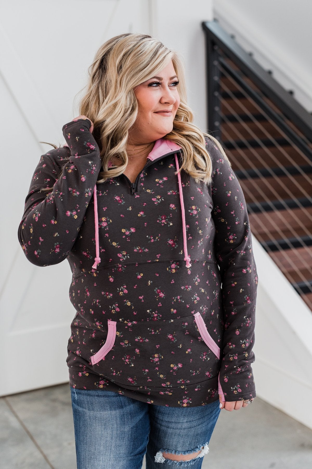Walk In The Park Floral Drawstring Hoodie- Dusty Charcoal